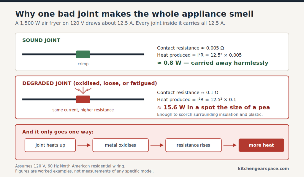 Diagram comparing a sound electrical crimp at 0.005 ohms producing 0.8 watts of heat with a degraded crimp at 0.1 ohms producing 15.6 watts at 12.5 amps, plus the thermal runaway loop.