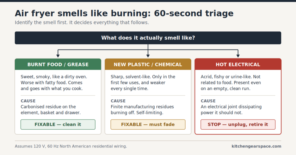 Diagnostic chart showing three types of air fryer burning smell — burnt food or grease, new plastic or chemical, and hot electrical — with the verdict for each.
